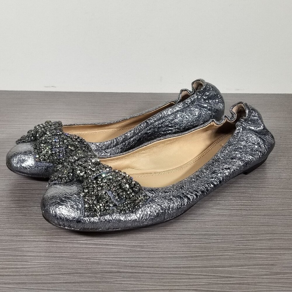 Tory Burch Eddie Crystal Bow Ballet Flat, Silver Leather, Womens Size 8 M